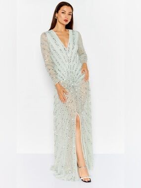 Starlet Sequin Embellished Sheer Maxi Dress Sage Green Size 10